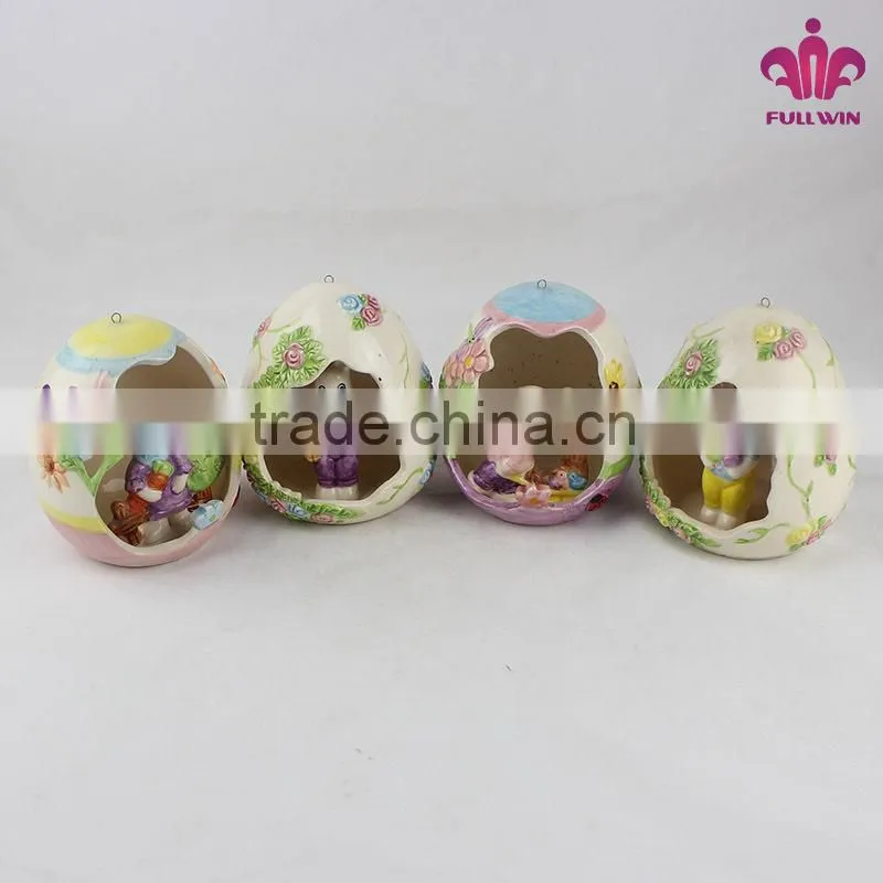 Ceramic Cute Egg House with Bunny for Easter Hanging Decoration