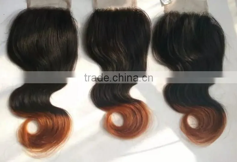 Brazilian Hair 2T Ombre Color #1b/#30 Medium Auburn Free Part Body Wave 4x4 Lace Closure Two Tone Top Closures Cheap Hair Pieces