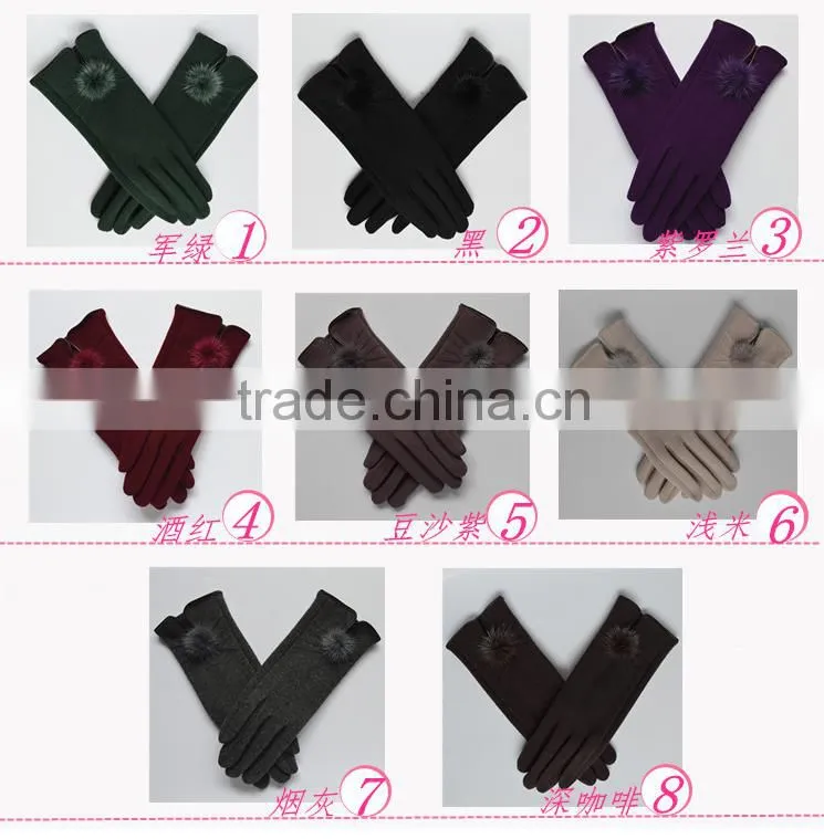 Wholesale Comfortable Winter Girls Rabbit Fur balls Cuff Thick Wool Gloves