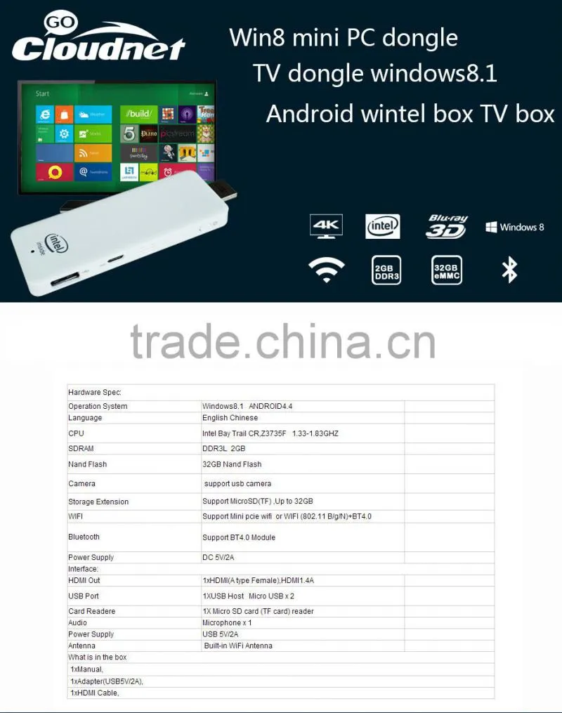 On sell !2015 latest Cloudnetgo Intel Quad Core Z3735F window mini pc dongle TV dongle windows8.1 Android 4.4 Computer stick