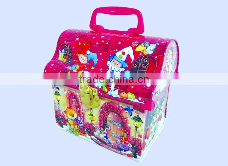 Christmas gift tin box house shape chocolate tin box lunch tin box with handle