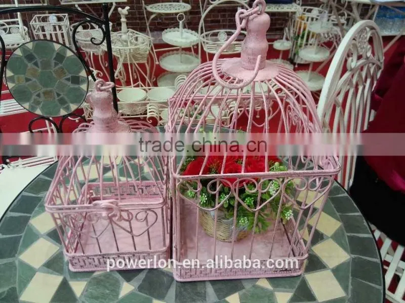 Romantic antique white metal S/2 bird cage flower holder for wedding