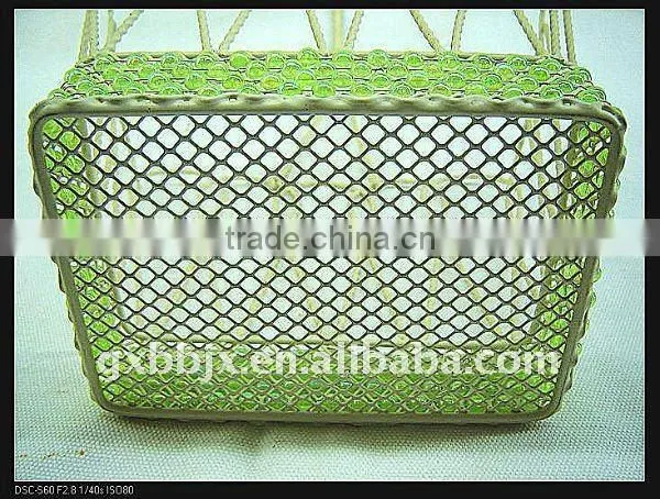 Rectangle beaded wire decorative with green pearl hanging fruit basket