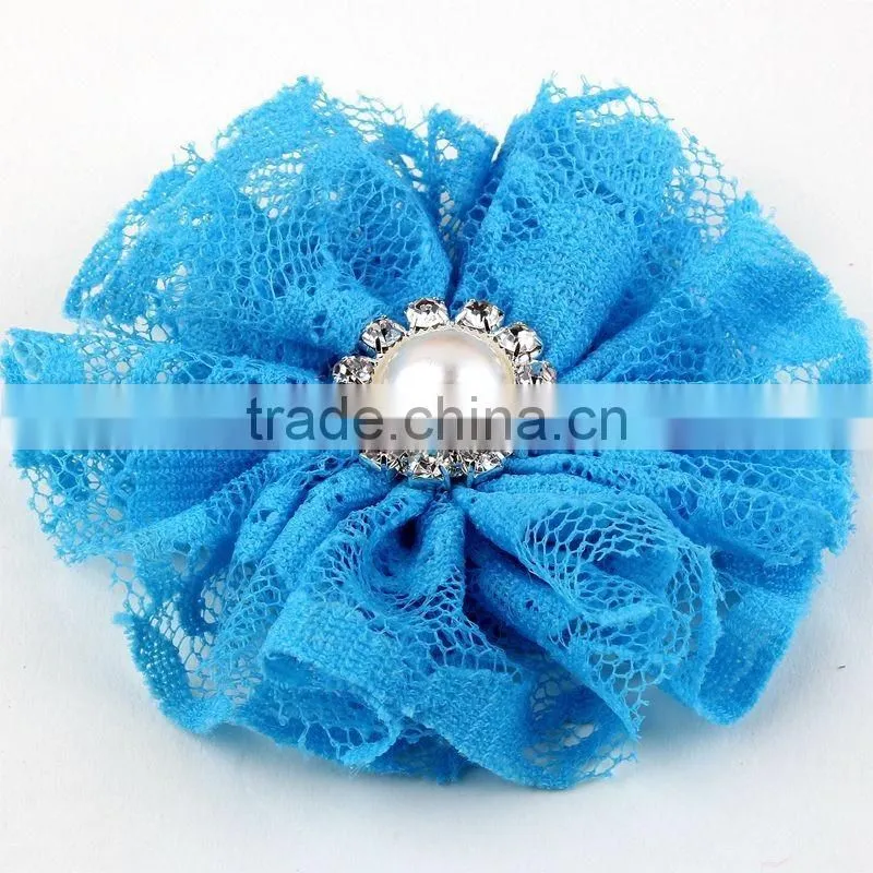 lace flower with pearl rhinestone in center for kids hair accessories