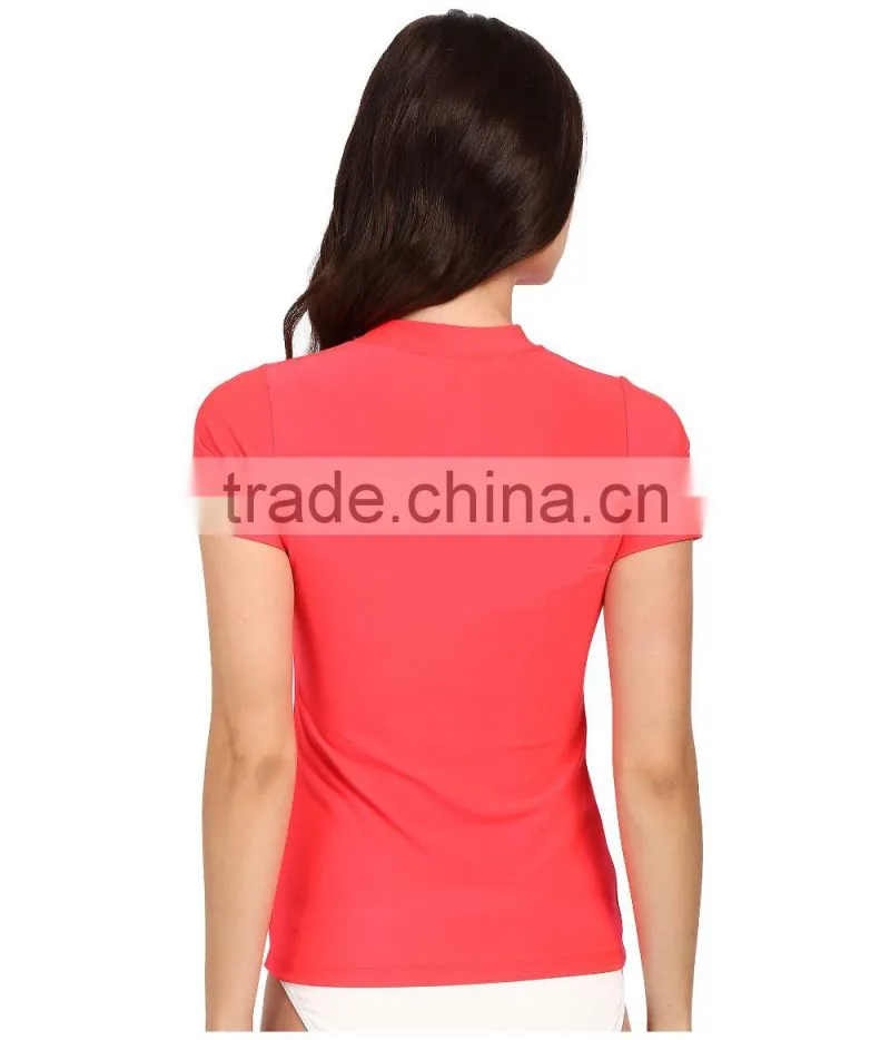 OEM Swimwear And Beachwear Core Loose Short Sleeve Rashguard UPF 50 Skinny High Neck Swimsuit Surf Swim Rash Guard Shirt Lady