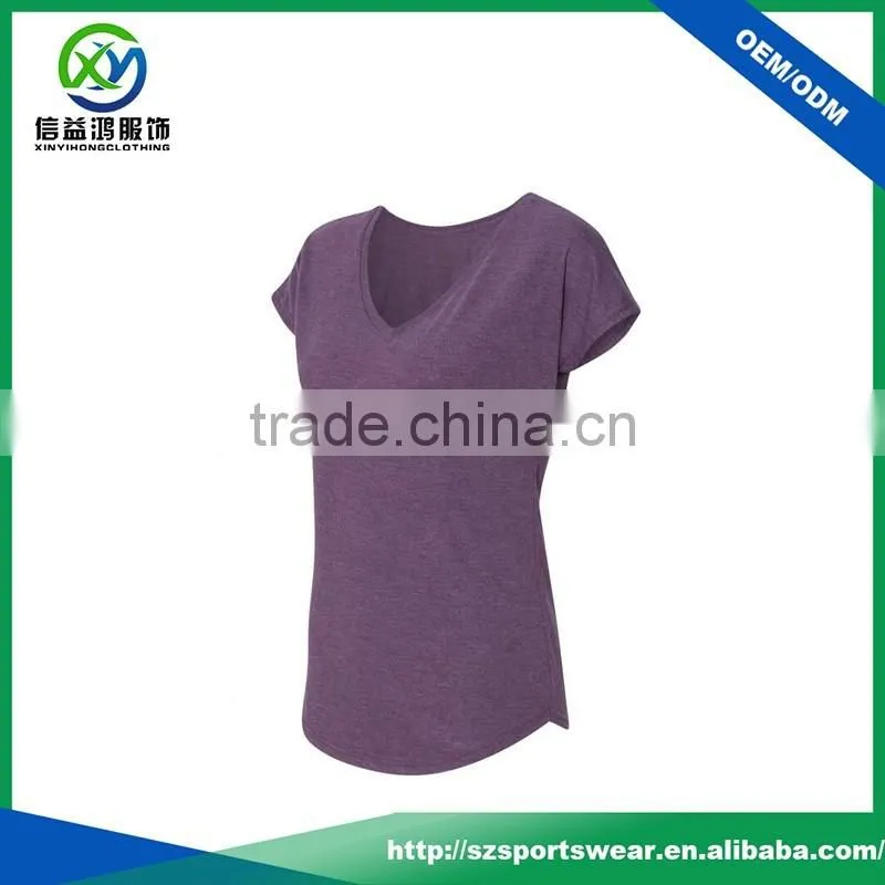 New Design 92%Polyester 8%Spandex V-neck Women Sport T Shirt With Curve Bottom