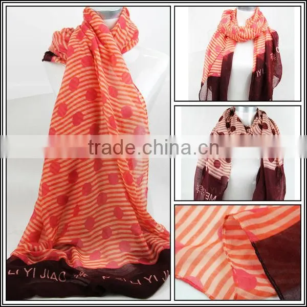 Voile Printed Stripe And Dot Women Scarf