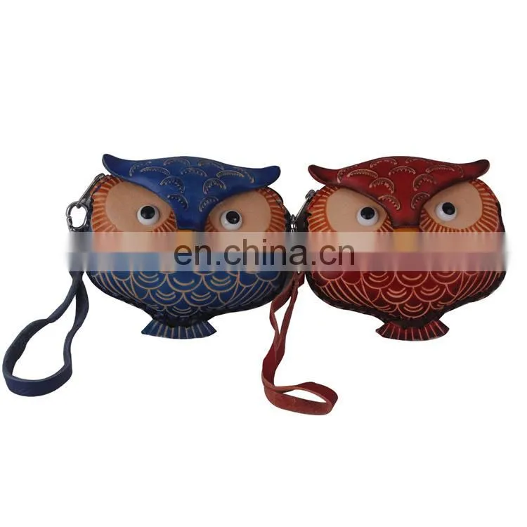 Cute Animal shaped zipper key chain handmade custom squeeze pocket owl Coin Purse/small genuine leather Coin Purse MCP-0008