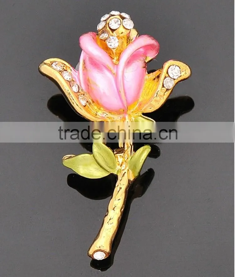 Fashion elegant pink rose crystal flower small scarf ring brooch