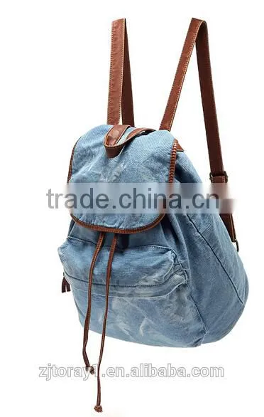 Light Blue waxed canvas backpack with string for student