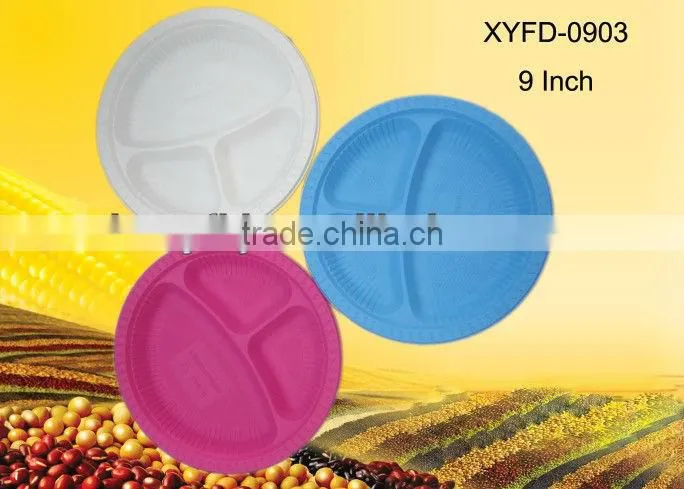 biodegradable disposable 9 inch blue plate with three division