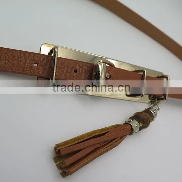 Leather fashion skinny belt with tassels and wood for women