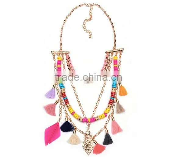 Fashion National style Mutil Chain Tassels Colorful Beads Chunky Choker Necklace Jewelry