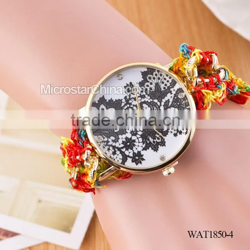 DIY hand made woven chain black flower fashion lady watch