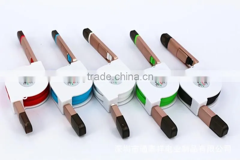 2016 Popular design 2 in 1 retractable usb cable, noodle retractable usb cable for Iphone & for Samsung