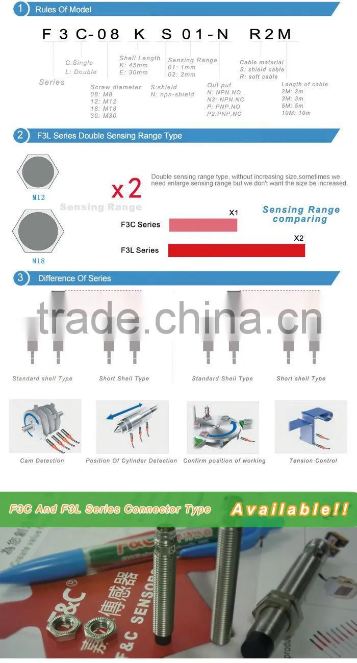 F3C Series M12 Inductive Sensors, Cylinder Shape Inductance Sensor, PNP/NPN, Flush/Non-flush