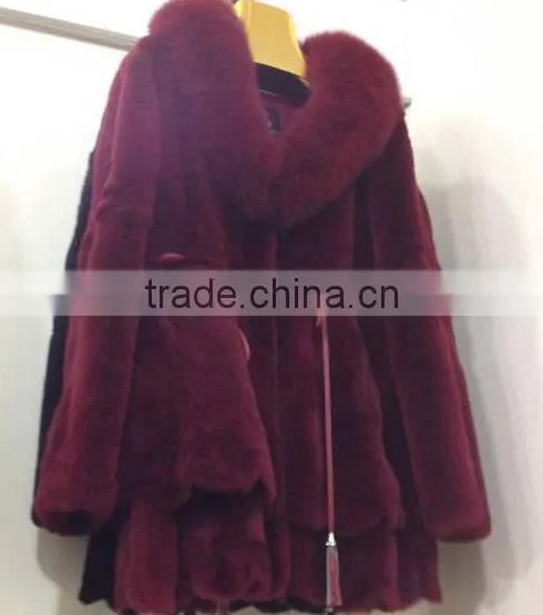 High quality fashion rex rabbit fur coat with fox fur collar for women