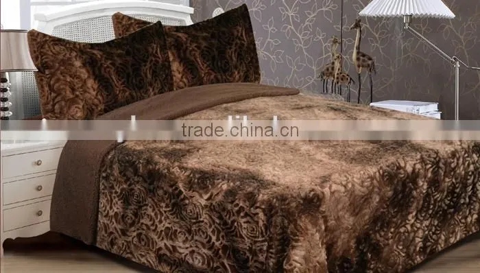 very warm and soft rose design PV plush throw blanket & bedding set