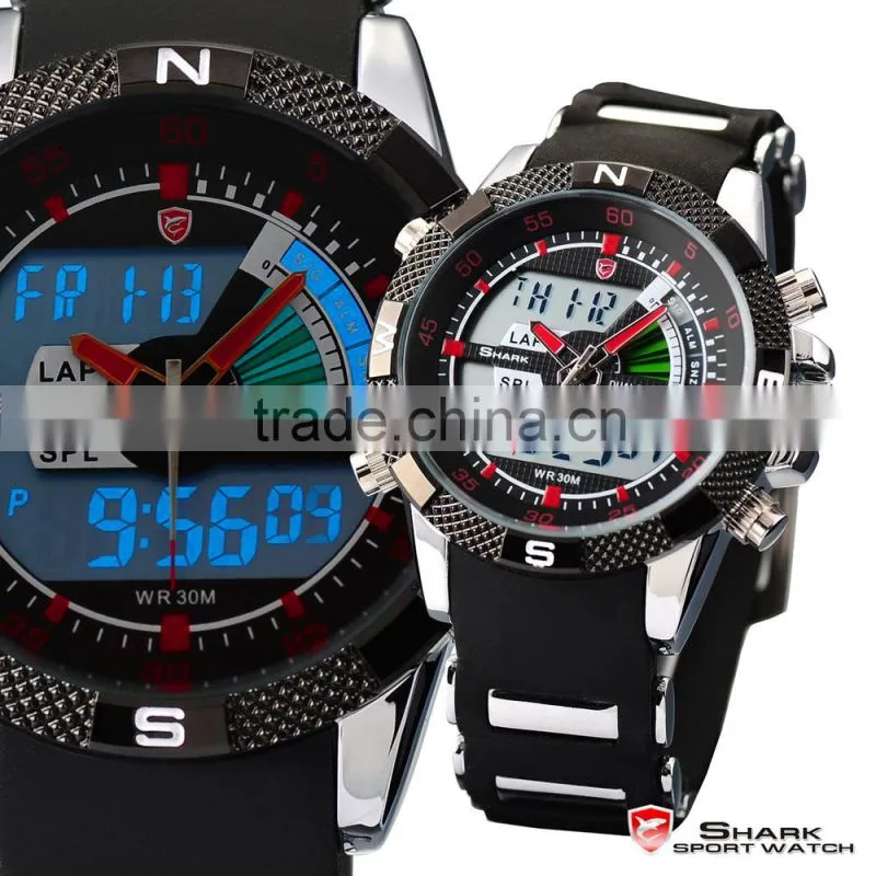 Shark Analog Digital Quatrz LCD Day Date Rubber Band Men LED Wrist Watch