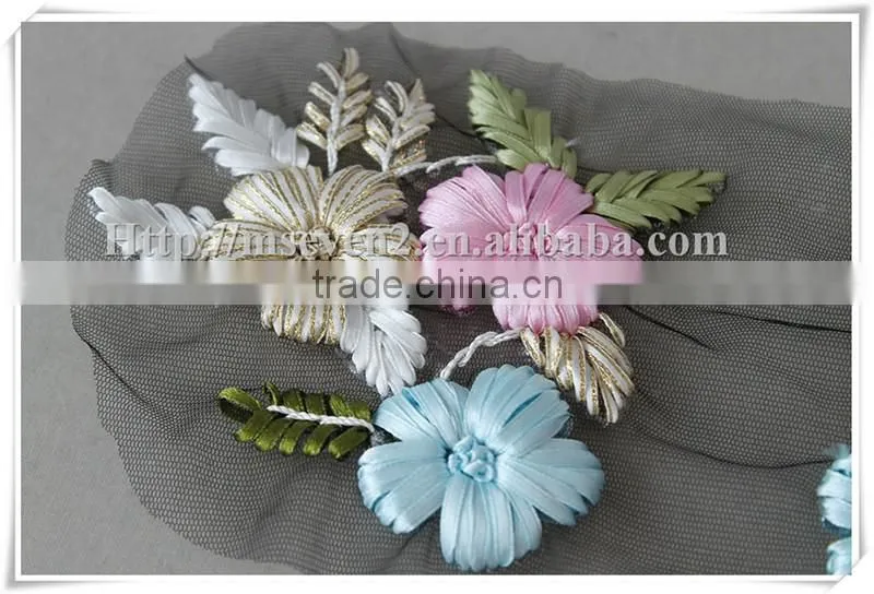 New selling trendy style fashion colorful satin ribbon crochet flower applique