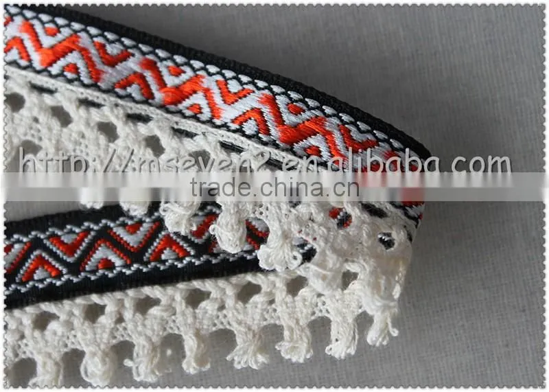 Hot selling elegant Jacquard cotton tassel trim, chemical cord trim with Jacquard fringe for clothes