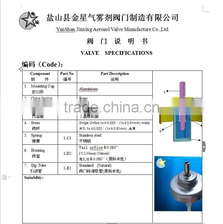20mm spray metering aerosol valve metal stem