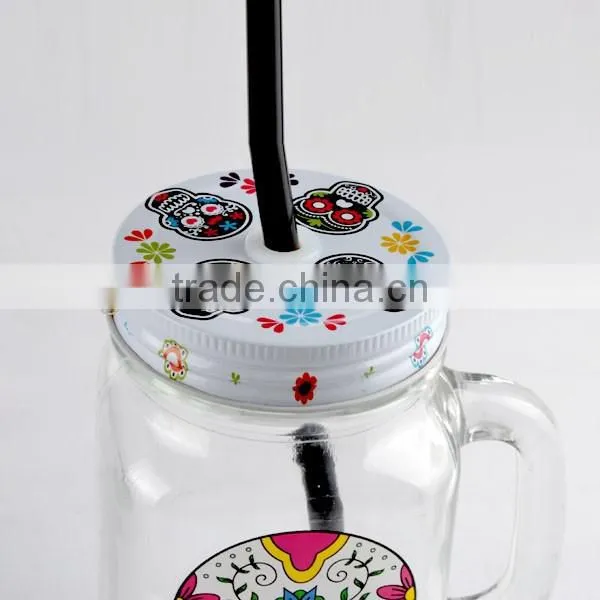 16oz Halloween Theme Skull Decal Glass Mason Jar with Handle