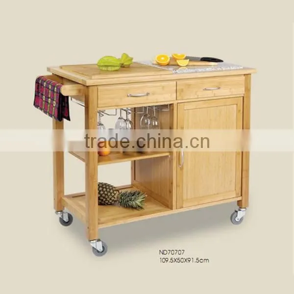 3-tier natural bamboo kichen trolley with wheels and basket