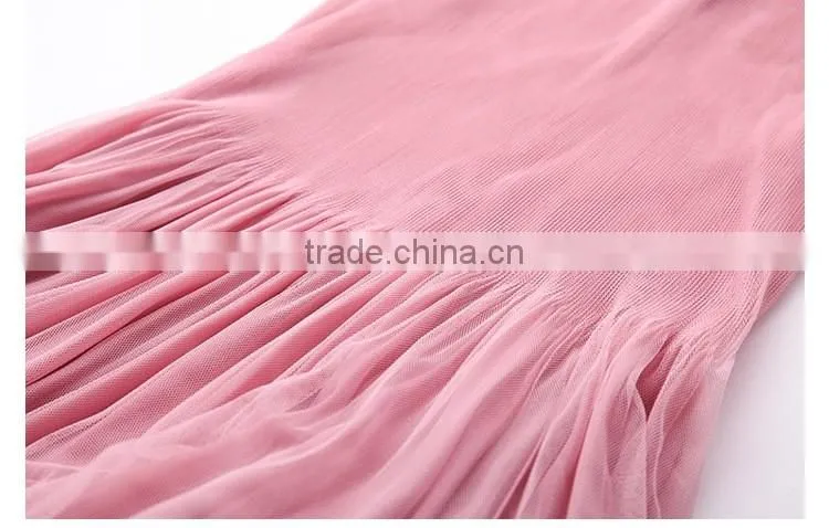 Plain solid color woman knee length folding dress with mesh