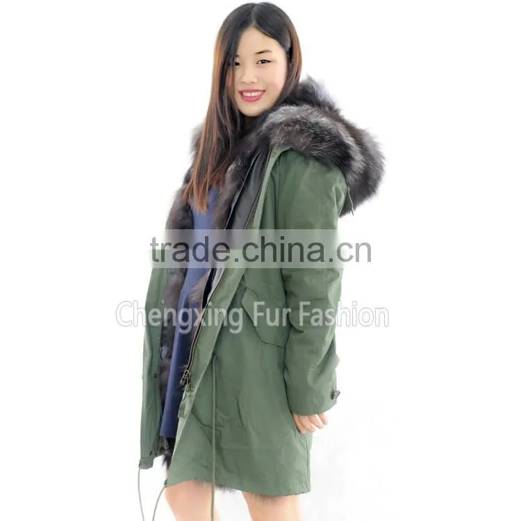 CX-G-P-04 Wholesale Winter Real Silver Fox Fur Lining Army Green Fur Parka Coat