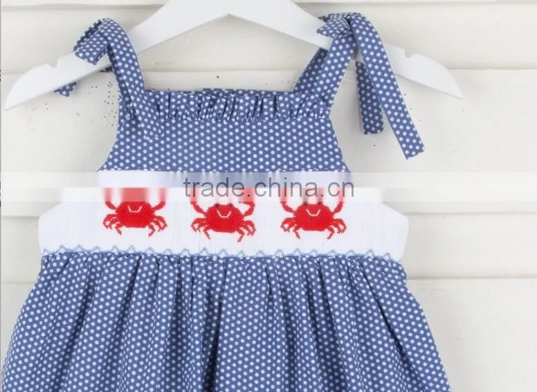 Baby Boutique Cotton blue sleeveless Smocked girl dresses Summer Frock Design for kids clothing