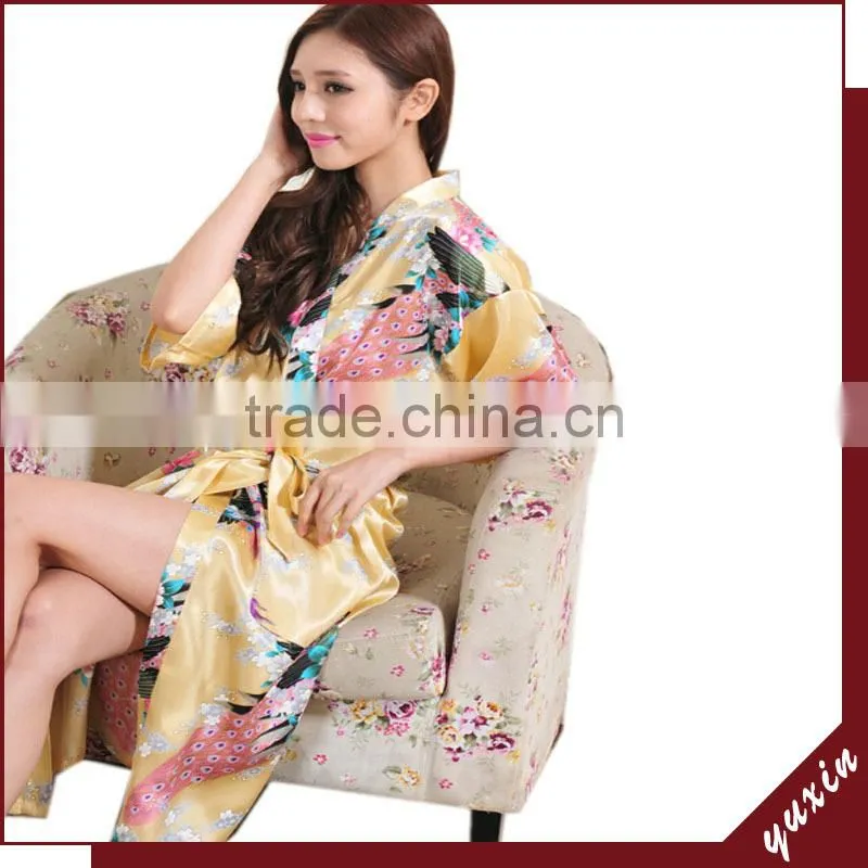 Wholesales silk Peacock Women Silk Kimono Long Robe WR018