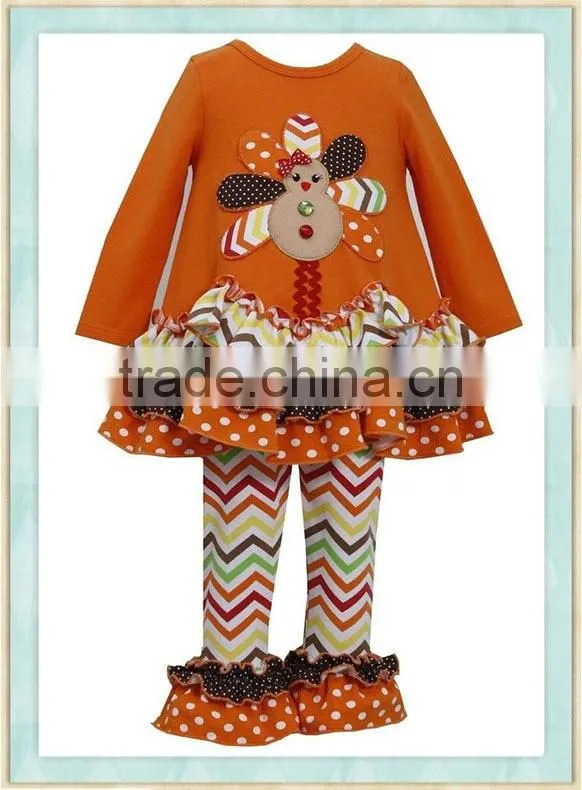 Baby Girls Turkey Thanksgiving Fall Outfit Leggings Female Turkey Applique Long Sleeve Ruffle Dress & Pants Kids Clothes