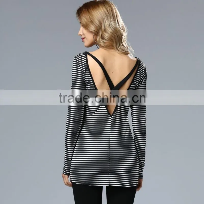 Newest design OEM wholesale gray women vertical stripes blouse 2017