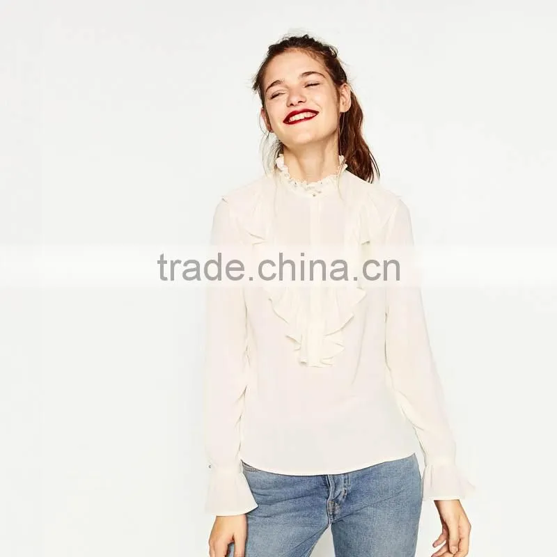 2016 Online wholesale latest simple design elegant lace inserts high neck designs women's ruffle shirt ladies top and blouses