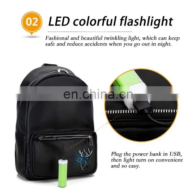 LED flashlight PU leather soft backpack school bags for teenagers