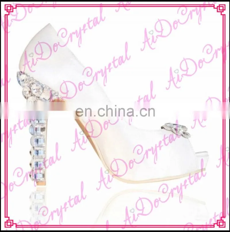 Aidocrystal Hot Sale Real Leather High Heels peep toe rhinestone White clear wedding Shoes
