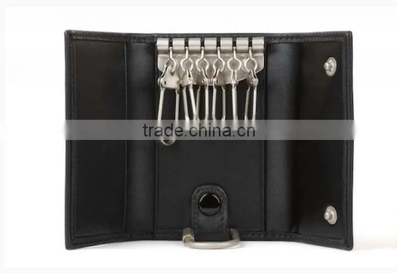 Slim and simple wholesale super-soft genuine leather tri-fold key case with key rings