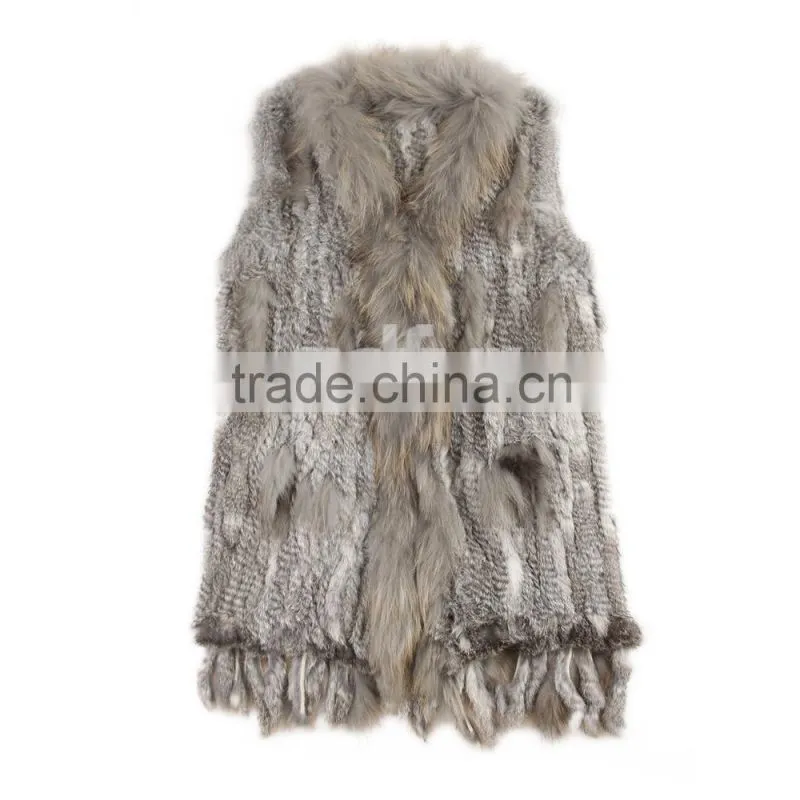QDMJ006 Lady Clothes Long Knit Rabbit Fur Vest With Raccoon Dog Fur Collar For Women Clothing