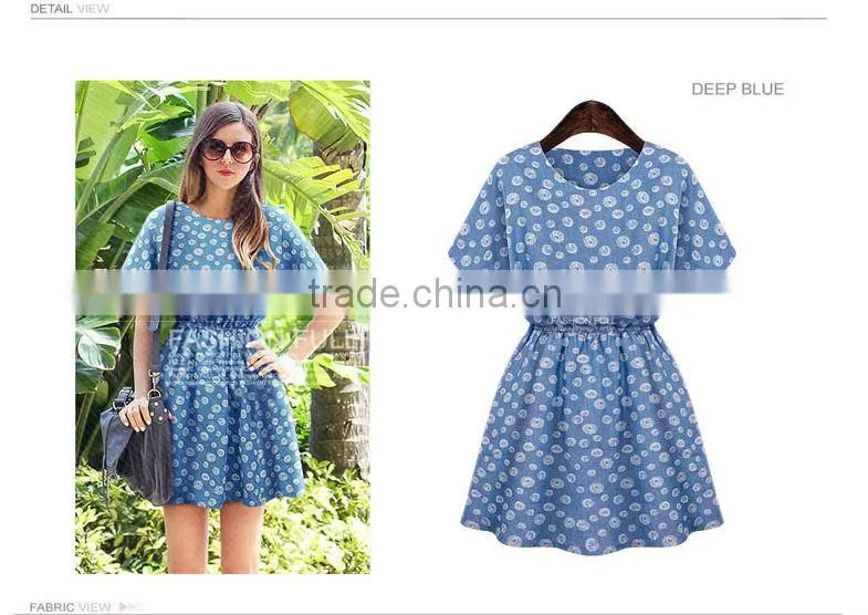 2014 Ladies Casual Women Top Designer Denim Summer women wear short sleeve Dress High Qality printing Women dress fashion 2014