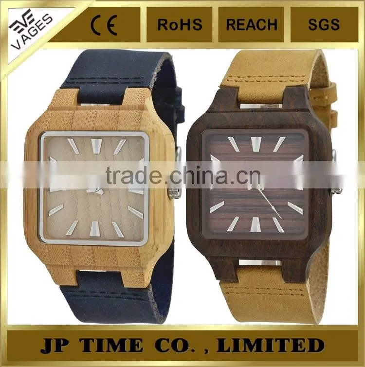 square case analog quartz wooden watch leather Japan movement laser logo