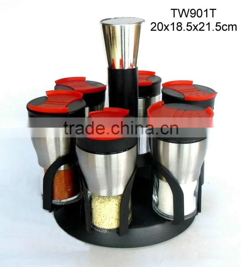 TW901T3 6pcs glass spice jar set with stainless steel casing and plastic stand
