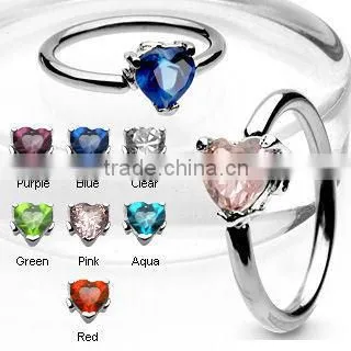 14g Heart CZ Gem Captive Bead Rings Body Piercing Jewelry