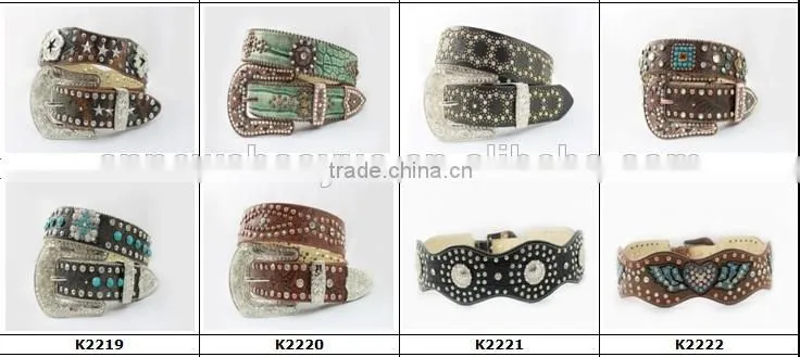 2016 Best Seller Scallop Western Rhinestone Leather Belt With Turquoise Concho