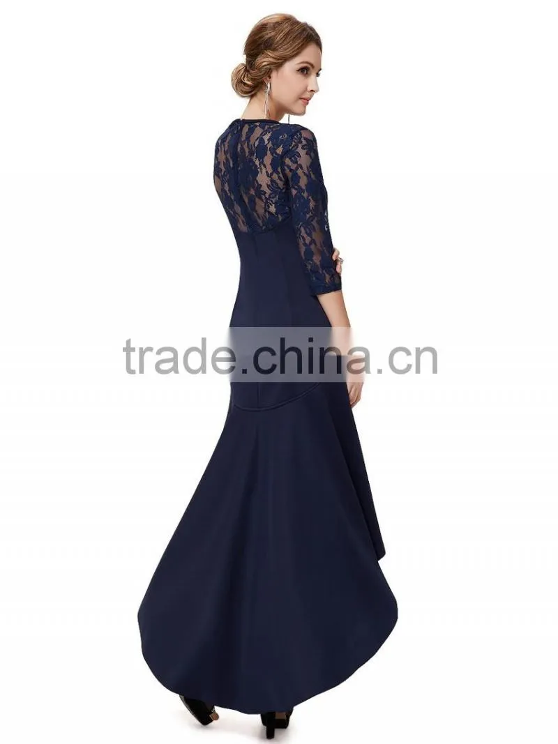 Woman new fashion design long prom dress europe style, 3/4 lace sleeve and high-low hemline see-through free prom dresses