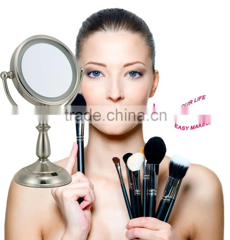 Bathroom cosmetic mirror on stand with light