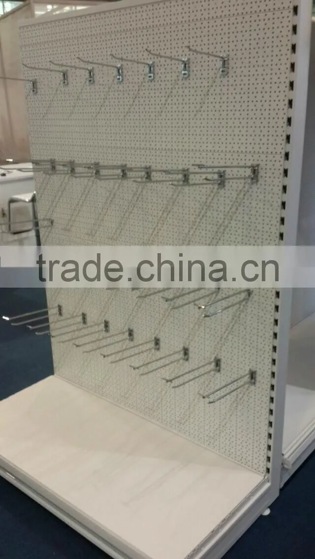 supermarkets shelves with metal pegboard hooks