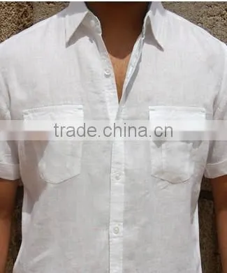 Mens white linen short sleeve linen shirts two pockets casual shirt
