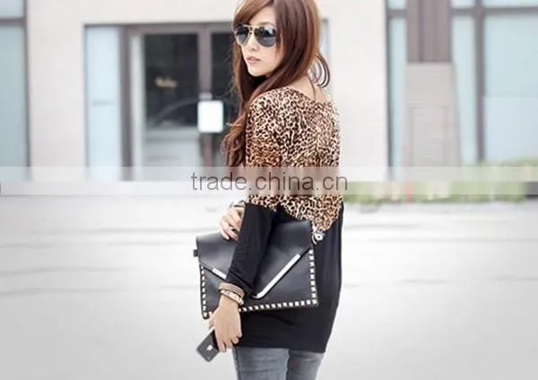 Spring free size new design korean style fashion cotton leopard stitching long sleeve apparel t shirt