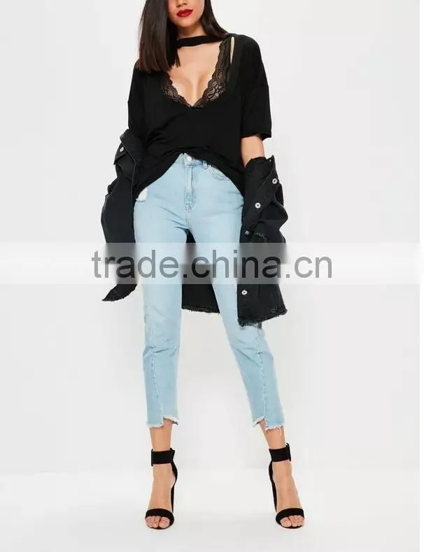 New summer fashion women Black Cut Out Choker Neck, Scoop Neck Letter T-shirt